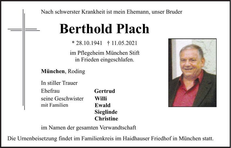 Traueranzeige Berthold Plach