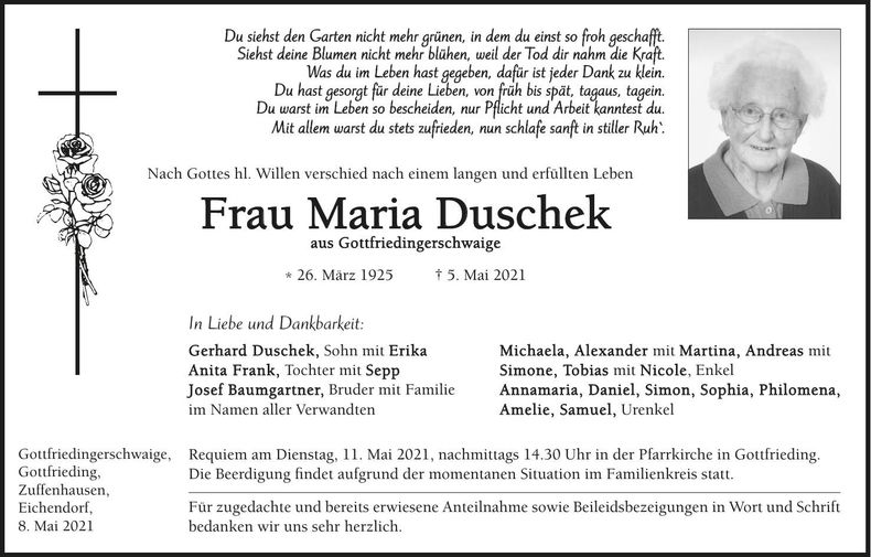 Traueranzeige Maria Duschek