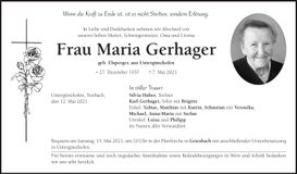 Traueranzeige Maria Gerhager