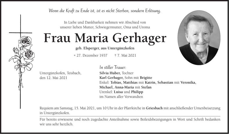 Traueranzeige Maria Gerhager