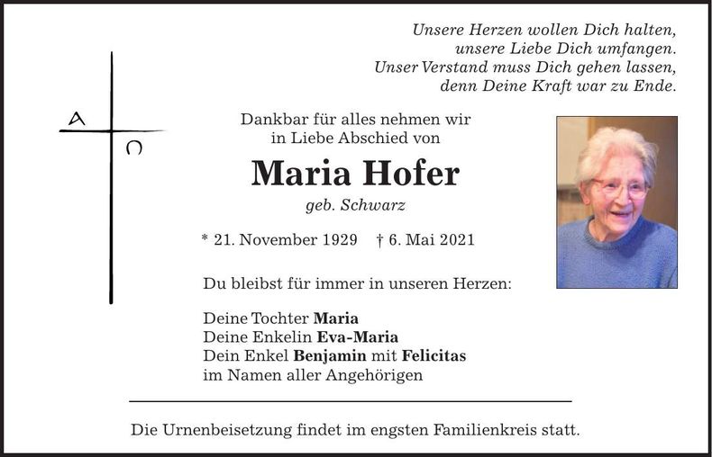 Traueranzeige Maria Hofer