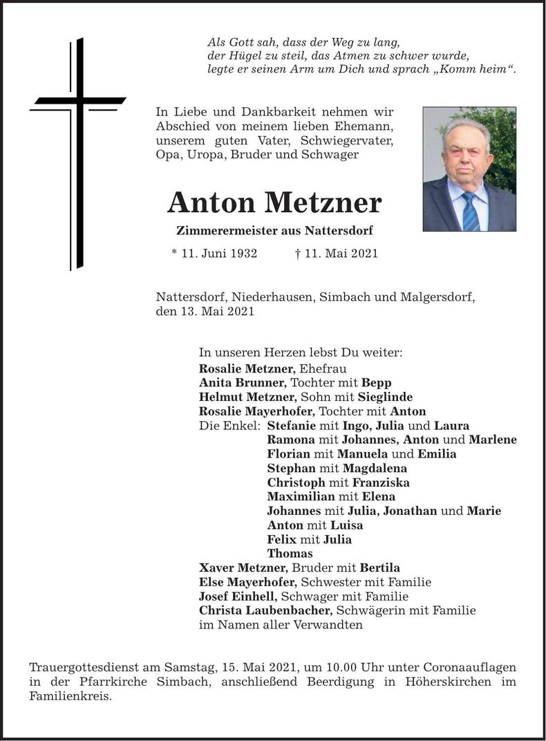 Traueranzeige Anton Metzner