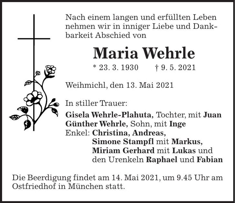 Traueranzeige Maria Wehrle