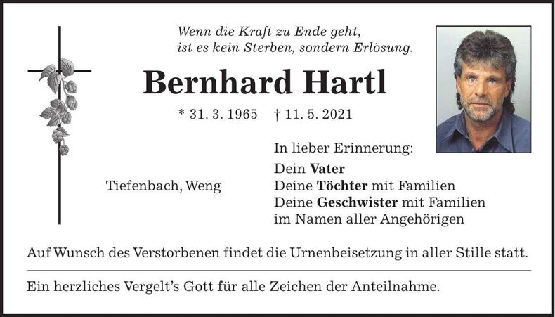 Traueranzeige Bernhard Hartl