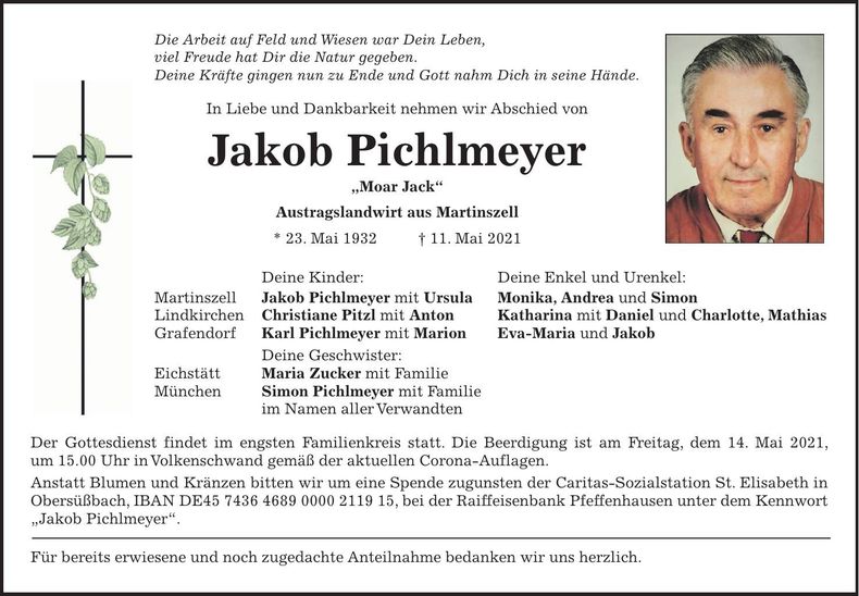Traueranzeige Jakob Pichlmeyer