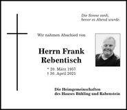 Traueranzeige Rebentisch Frank