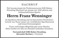 Traueranzeige Franz Wenninger