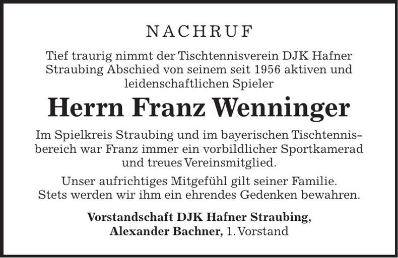 Traueranzeige Franz Wenninger