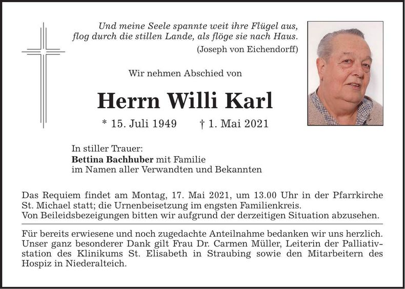 Traueranzeige Willi Karl