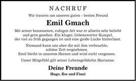 Traueranzeige Emil Gmach