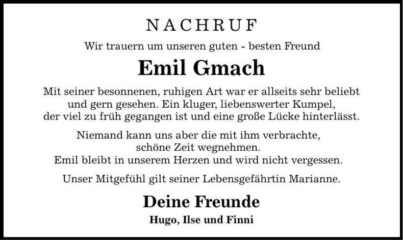 Traueranzeige Emil Gmach