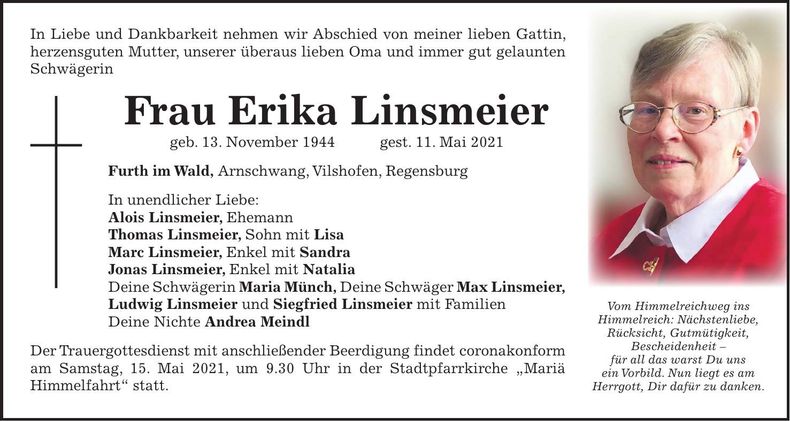 Traueranzeige Erika Linsmeier
