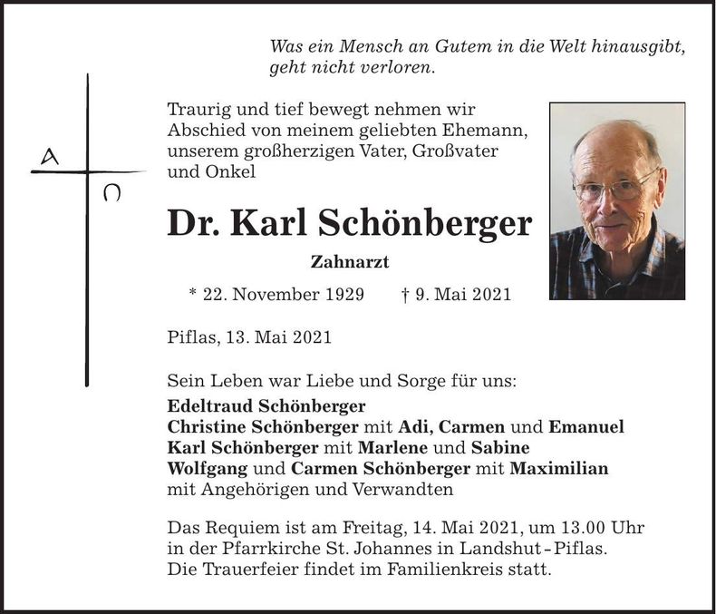 Traueranzeige Karl Schönberger