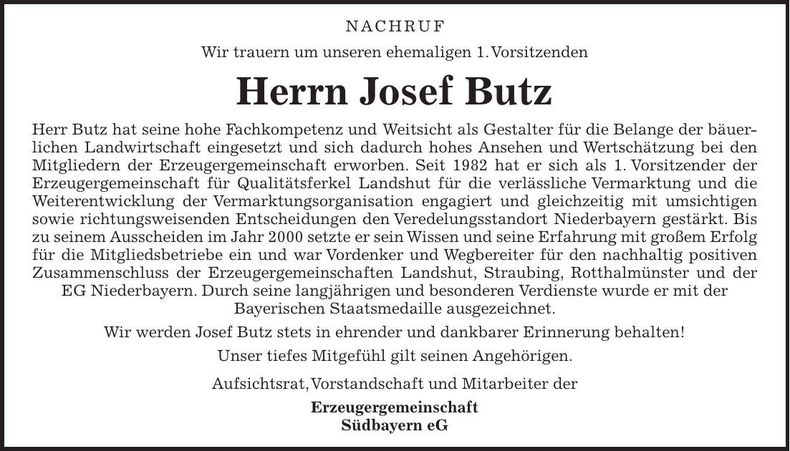 Traueranzeige Josef Butz