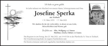 Traueranzeige Josefine Sperka