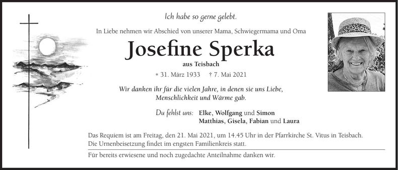 Traueranzeige Josefine Sperka