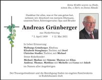 Traueranzeige Andreas Grünbreger
