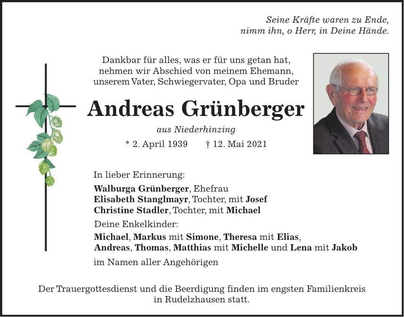 Traueranzeige Andreas Grünbreger