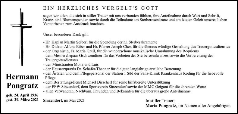 Traueranzeige Hermann Pongratz