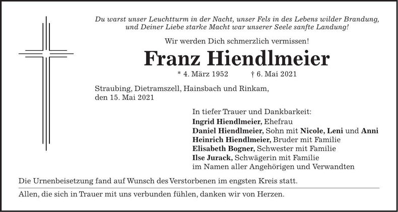 Traueranzeige Franz Hiendlmeier