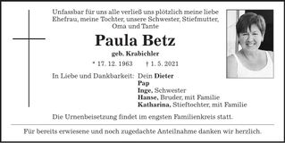 Traueranzeige Paula Betz