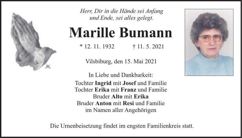 Traueranzeige Marille Bumann