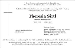 Traueranzeige Theresia Sirtl