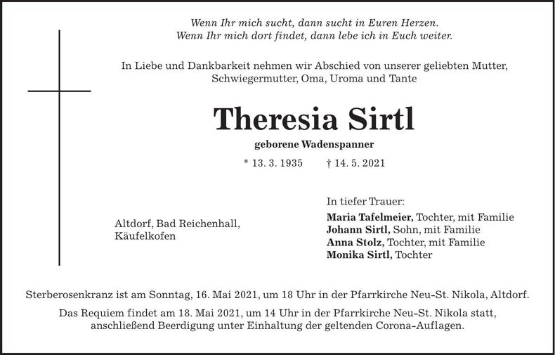 Traueranzeige Theresia Sirtl