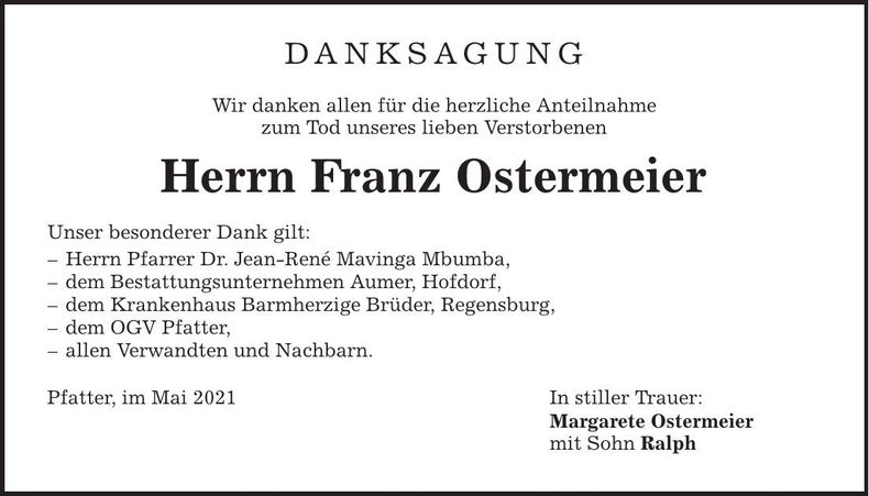 Traueranzeige Ostermeier Franz