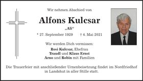 Traueranzeige Alfons Kulcsar