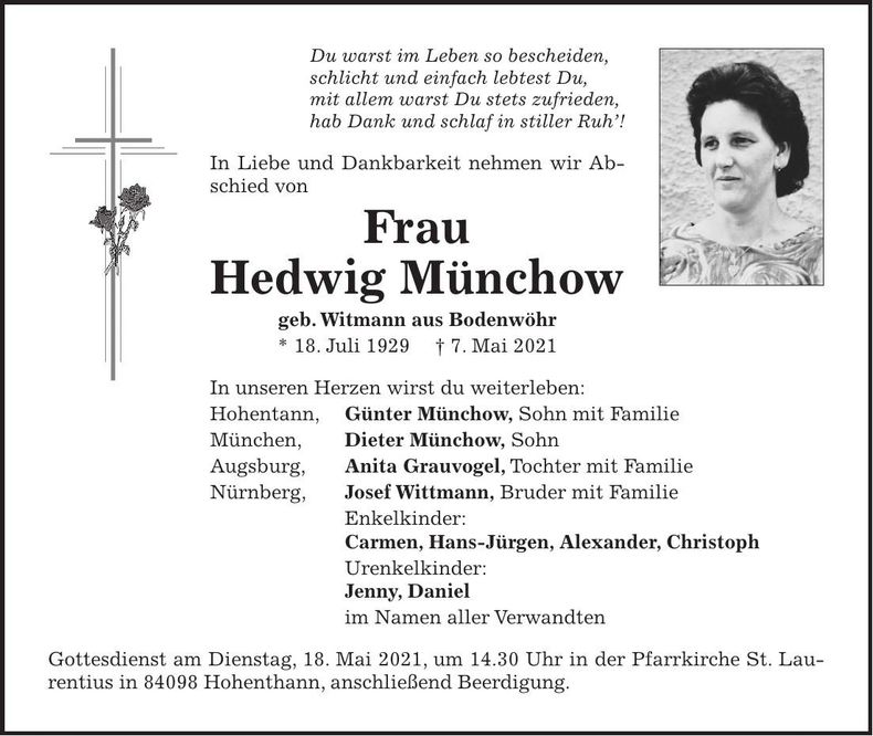 Traueranzeige Hedwig Münchow