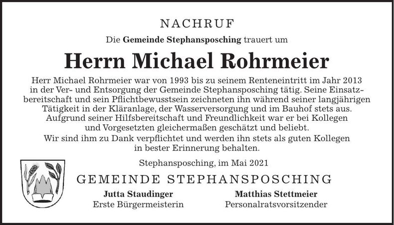 Traueranzeige Michael Rohrmeier