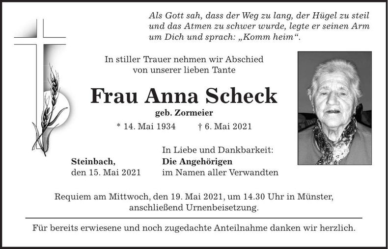 Traueranzeige Anna Scheck