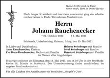 Traueranzeige Johann Rauchenecker
