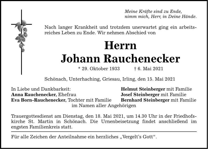 Traueranzeige Johann Rauchenecker