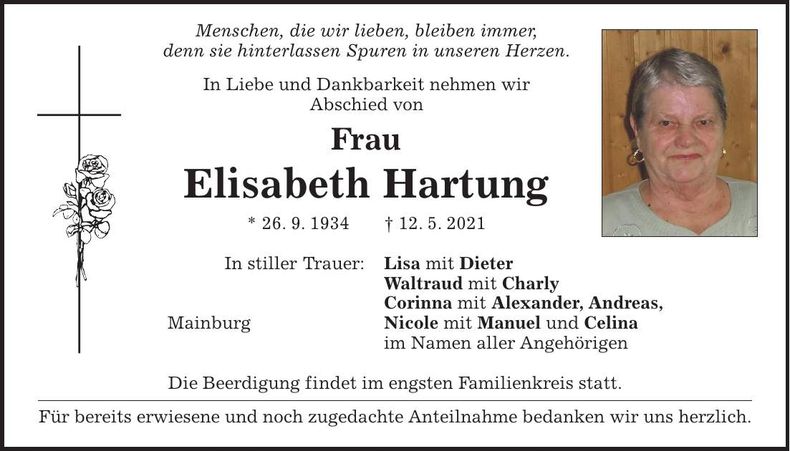 Traueranzeige Elisabeth Hartung