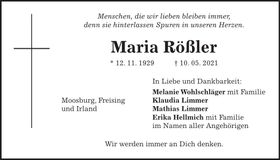 Traueranzeige Maria Rößler