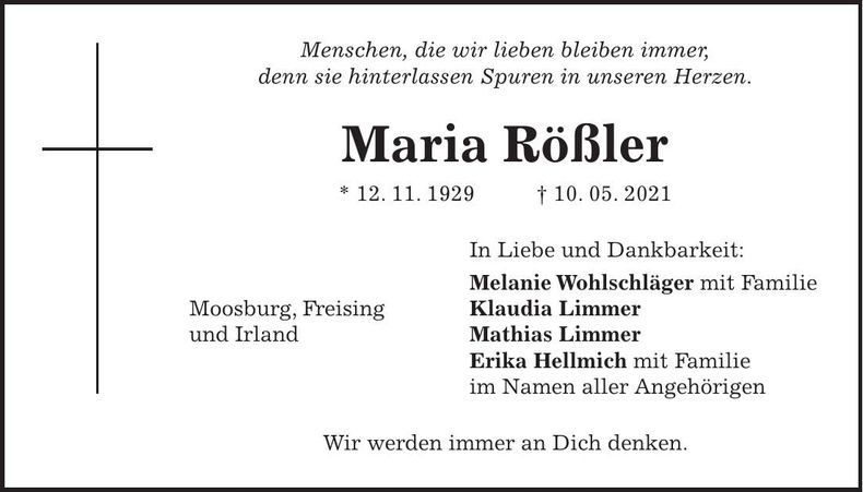 Traueranzeige Maria Rößler