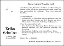 Traueranzeige Erika Schultes