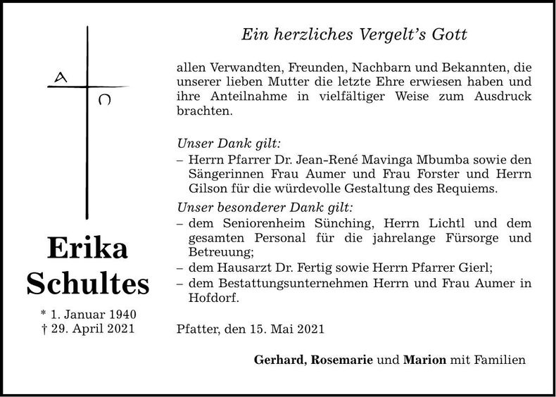 Traueranzeige Erika Schultes