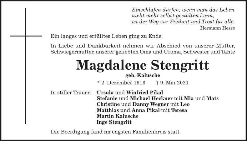 Traueranzeige Magdalene Stengritt