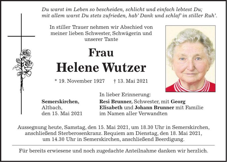 Traueranzeige Helene Wutzer