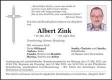 Traueranzeige Albert Zink