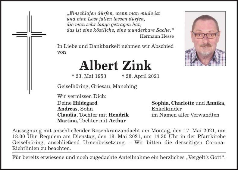 Traueranzeige Albert Zink