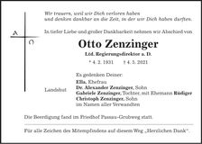 Traueranzeige Otto Zenzinger