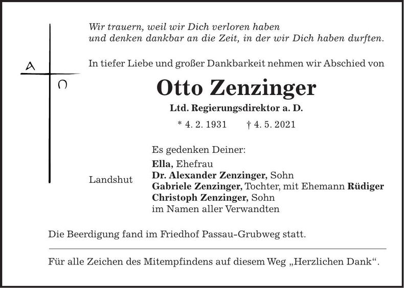 Traueranzeige Otto Zenzinger