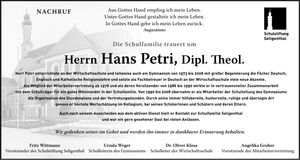 Traueranzeige Hans Petri