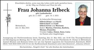 Traueranzeige Johanna Irlbeck
