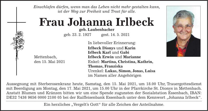 Traueranzeige Johanna Irlbeck