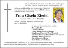 Traueranzeige Gisela Riedel